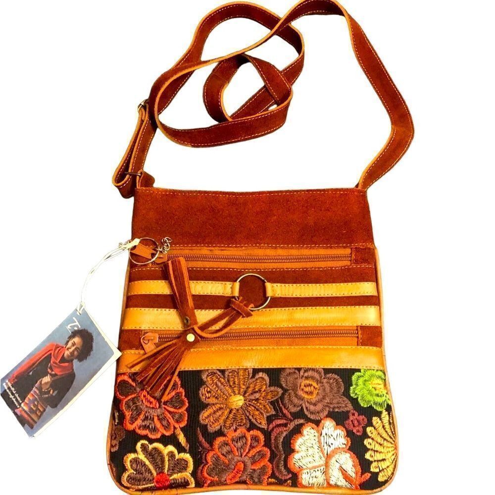 Terra Suede Floral Embriodered Shoulder Bag With Adjustable Strap. NWT